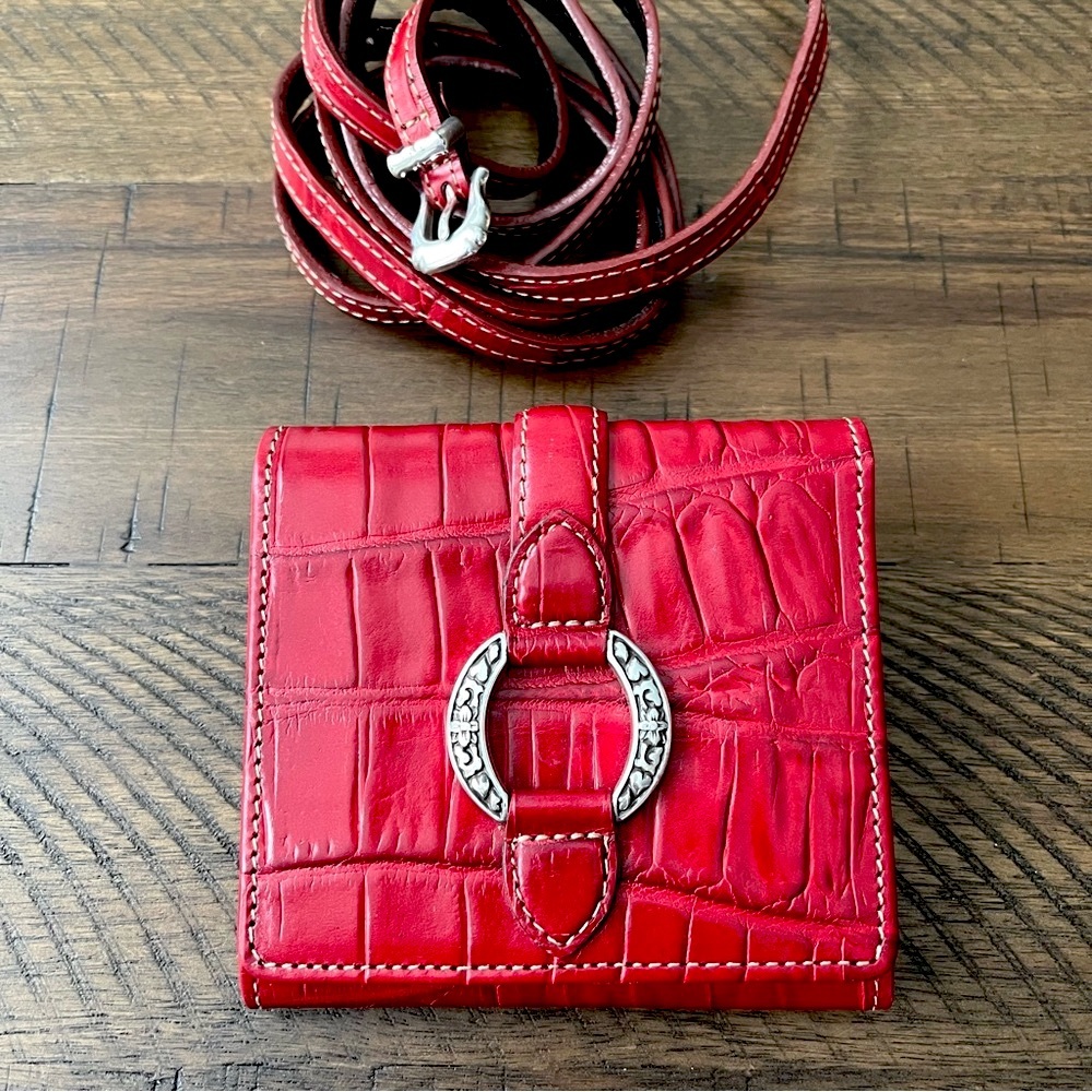 BRIGHTON WALLET RED LEATHER croc emboss CROSSBODY strap organizer NWOT vintage